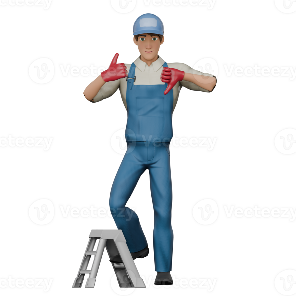 3D Male Technical Mechanic. A male mechanic stands with his right foot stepping on a small ladder, while his right hand is pointing his thumb up up and the left hand points the thumb down. png