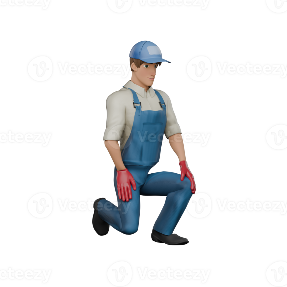 Professional Auto Technician Character. A male mechanic is kneeling, probably repairing the undercarriage of a car. 3D Male Model png