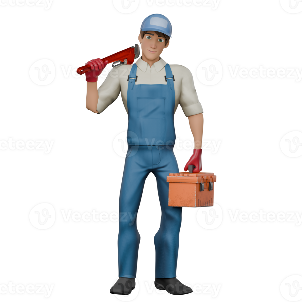 Professional Technical Male. A male mechanic stands with his left hand holding a tool box and his right hand carrying a wrench placed on his shoulder. 3D Mechanic png