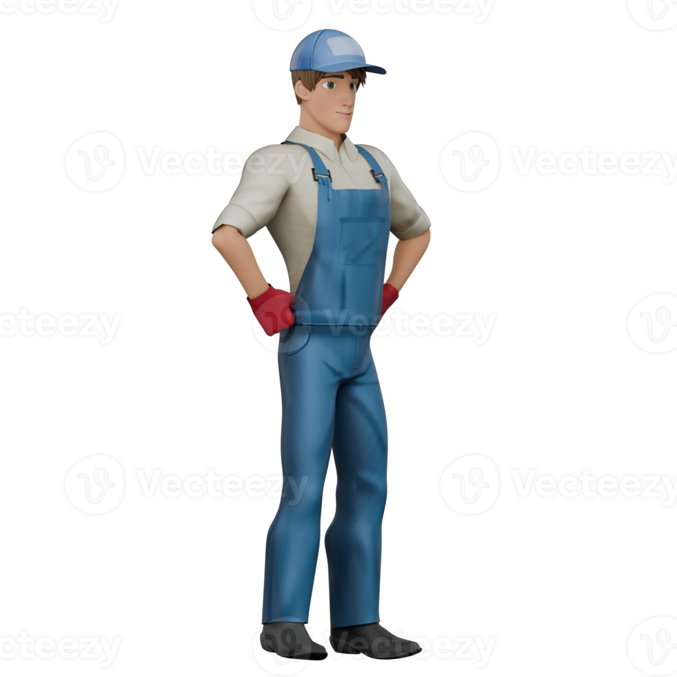 Male Mechanic 3D Model. A male mechanic is standing with both hands on his waist as if looking for a solution for the next activity. Auto Shop Environment png