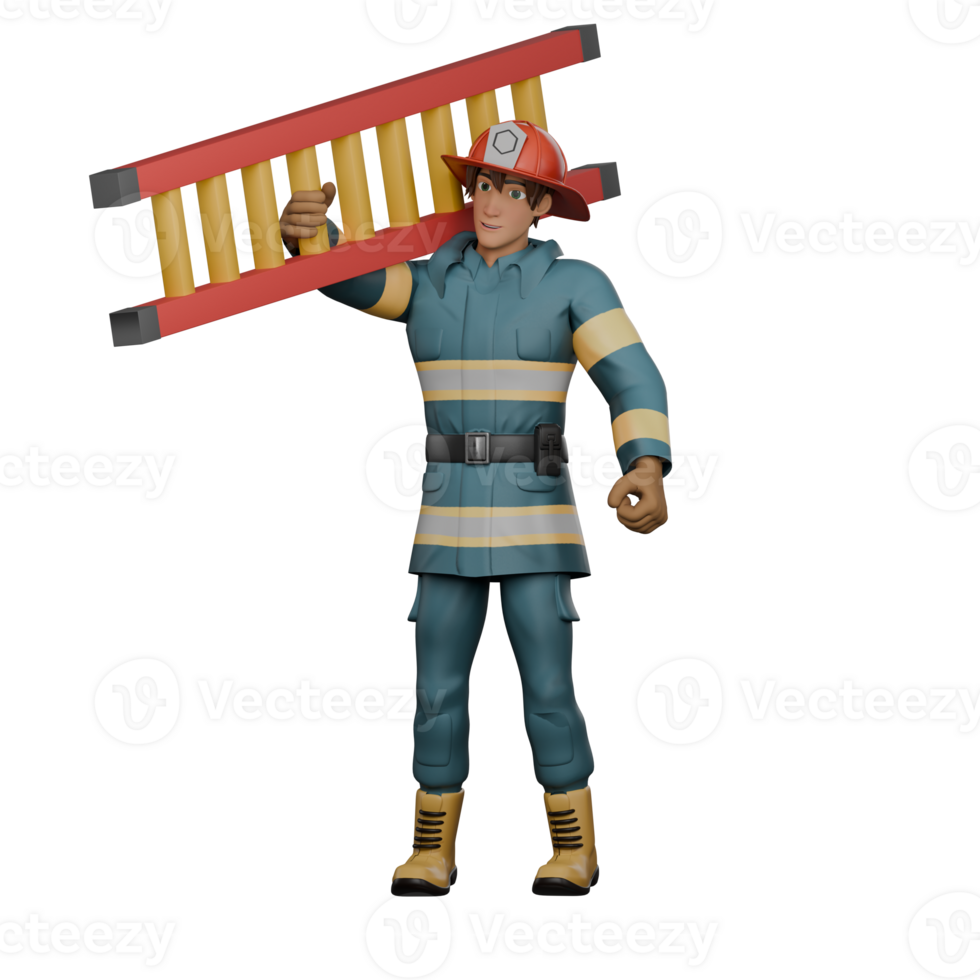 3D Animated Firefighter. A firefighter stands carrying a ladder on his shoulder. Male Heroic Figure png