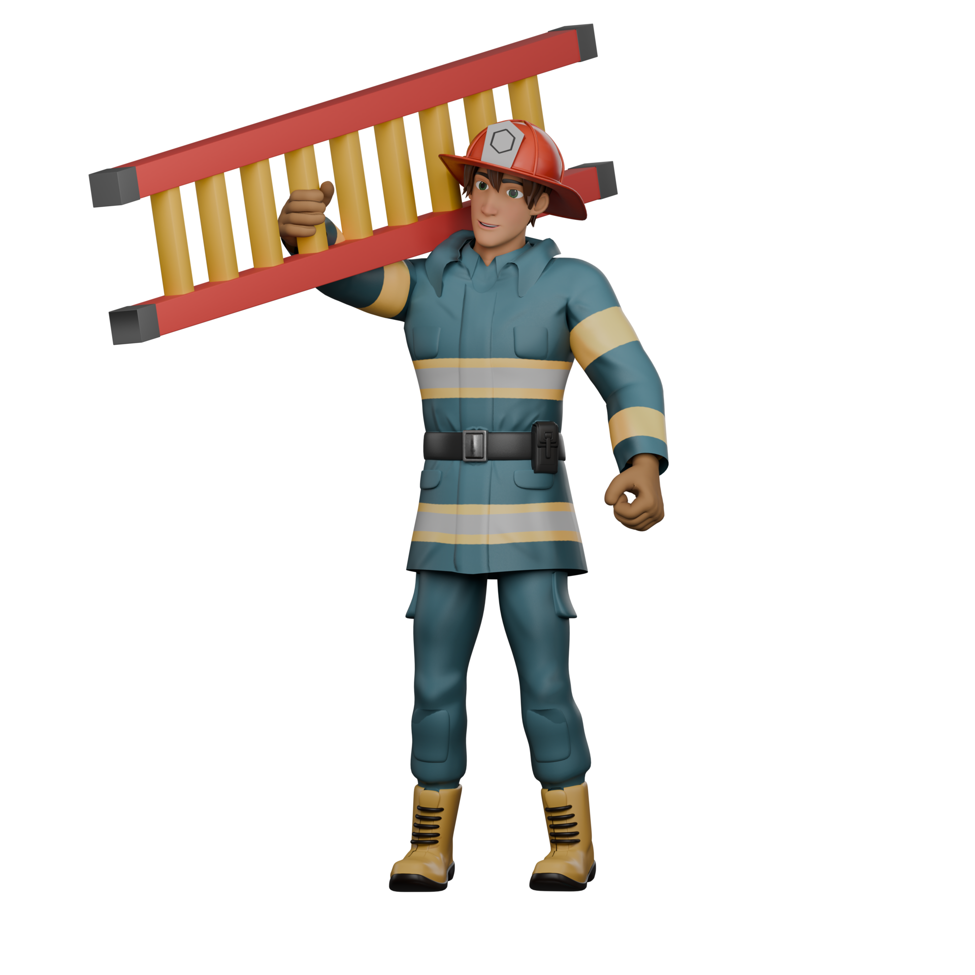 3D Animated Firefighter. A firefighter stands carrying a ladder on his