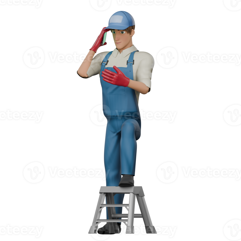 Automotive 3D. A male mechanic stands on a small ladder while making a telephone call. Professional Male Mechanic png