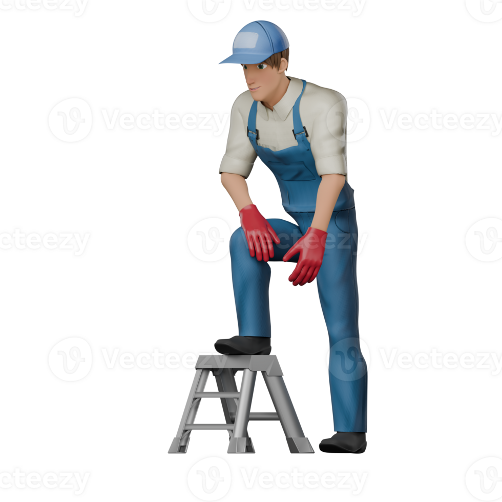 Male Mechanic in Action. A male mechanic is standing on a small ladder, probably going to fix something that is high up. 3D Auto Repair Scene png