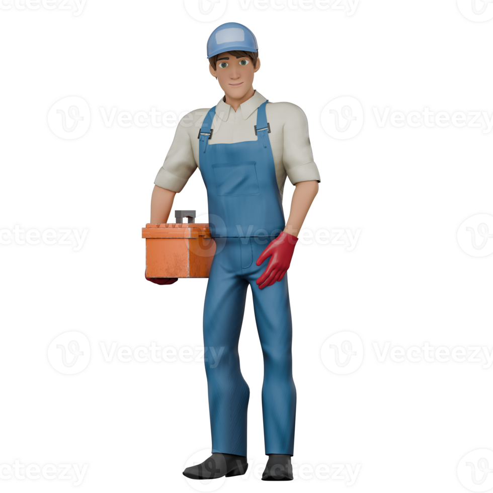 of Male Mechanic. A male mechanic is standing with his left hand carrying a toolbox, as if preparing to repair. Car Repair Professional png