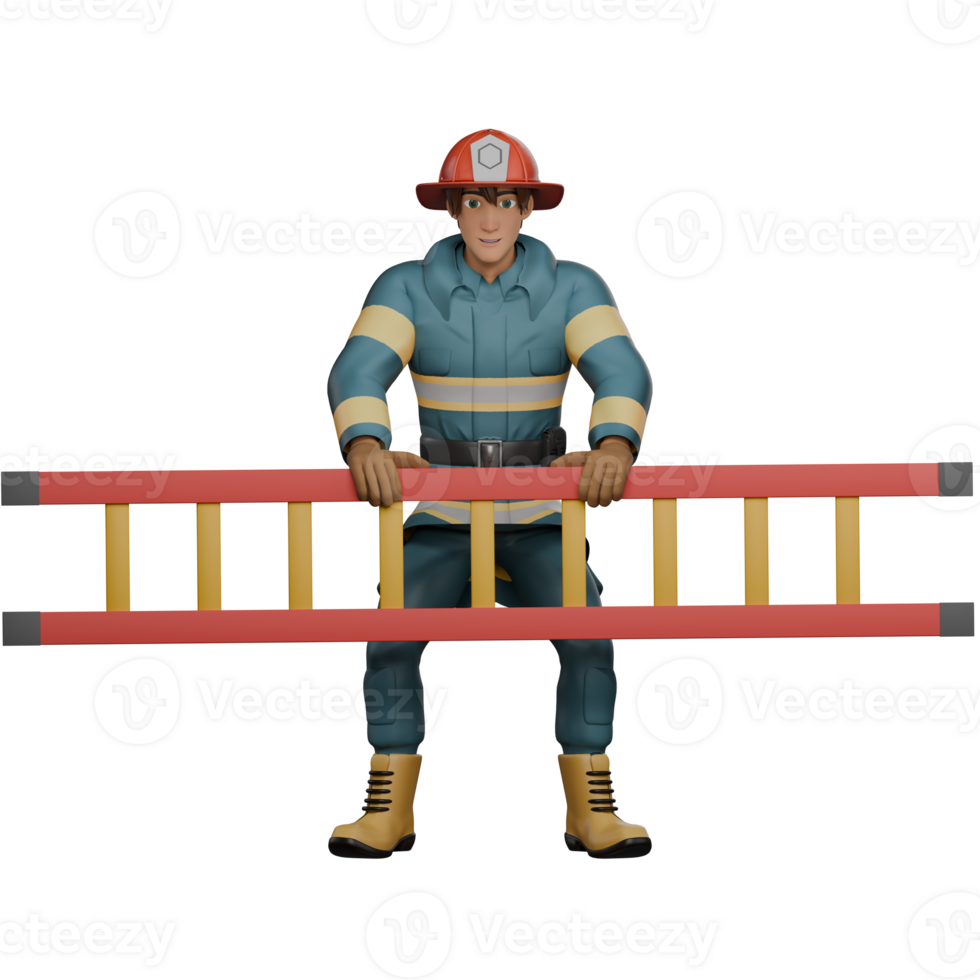 Firefighting Service Provider 3D. A firefighter is crouching with both hands carrying a ladder in front of his body. Male Firefighter Cartoon png