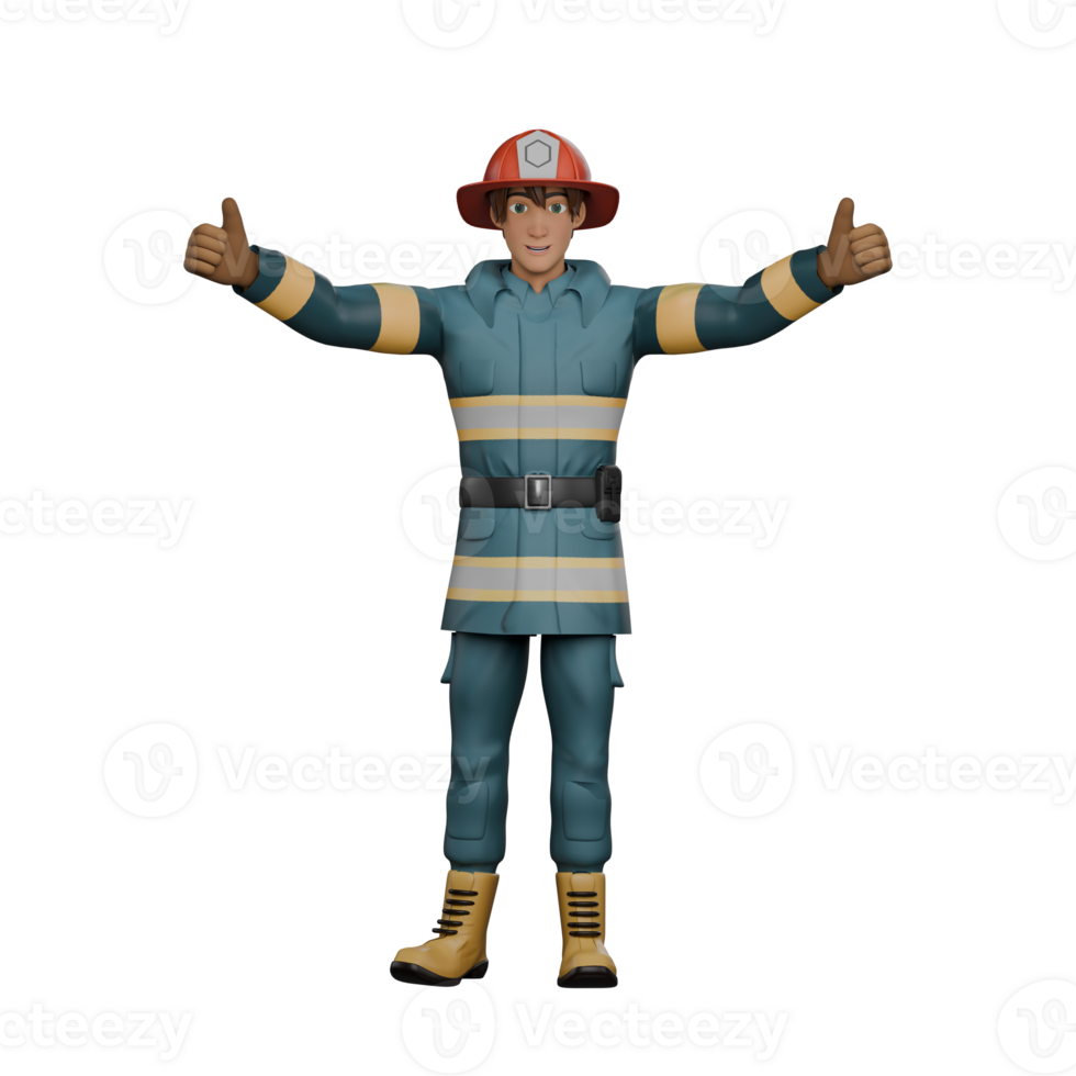 Illustrated 3D Fireman. A firefighter stands with his arms open while giving two thumbs up. Animated Hero png