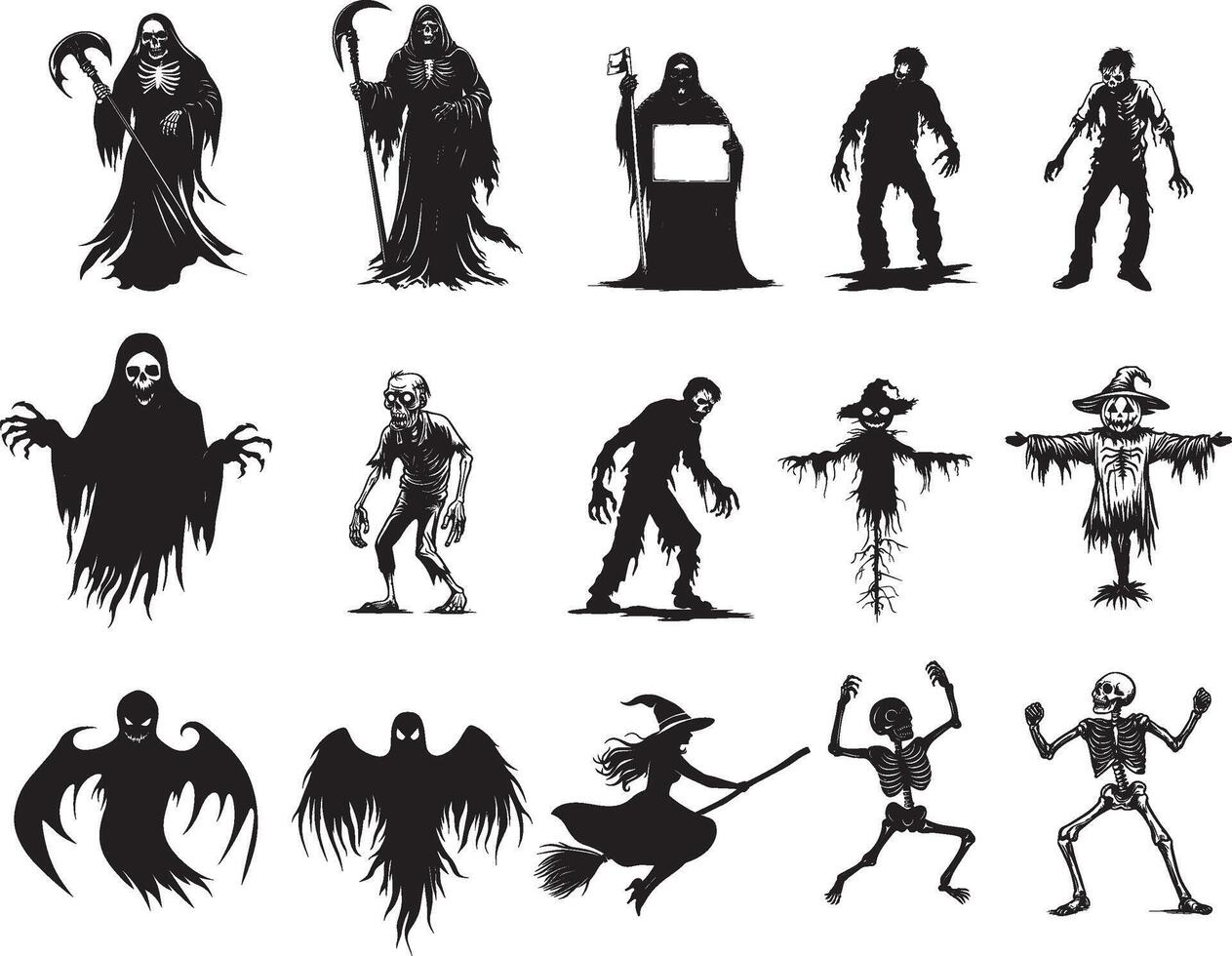 Collection of halloween monster, ghost sheet, Grim Reaper , skeleton, witch, zombie silhouette and linear illustration vector