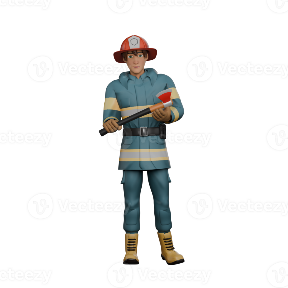 3D Cartoon Firefighter. A firefighter stands with both hands holding a fire axe. Heroic Action png