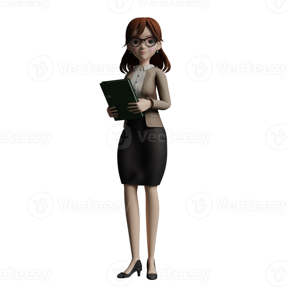 female Teacher in Educational 3D. A female teacher stands with both hands holding a book as if she is about to start learning. Professional Character png