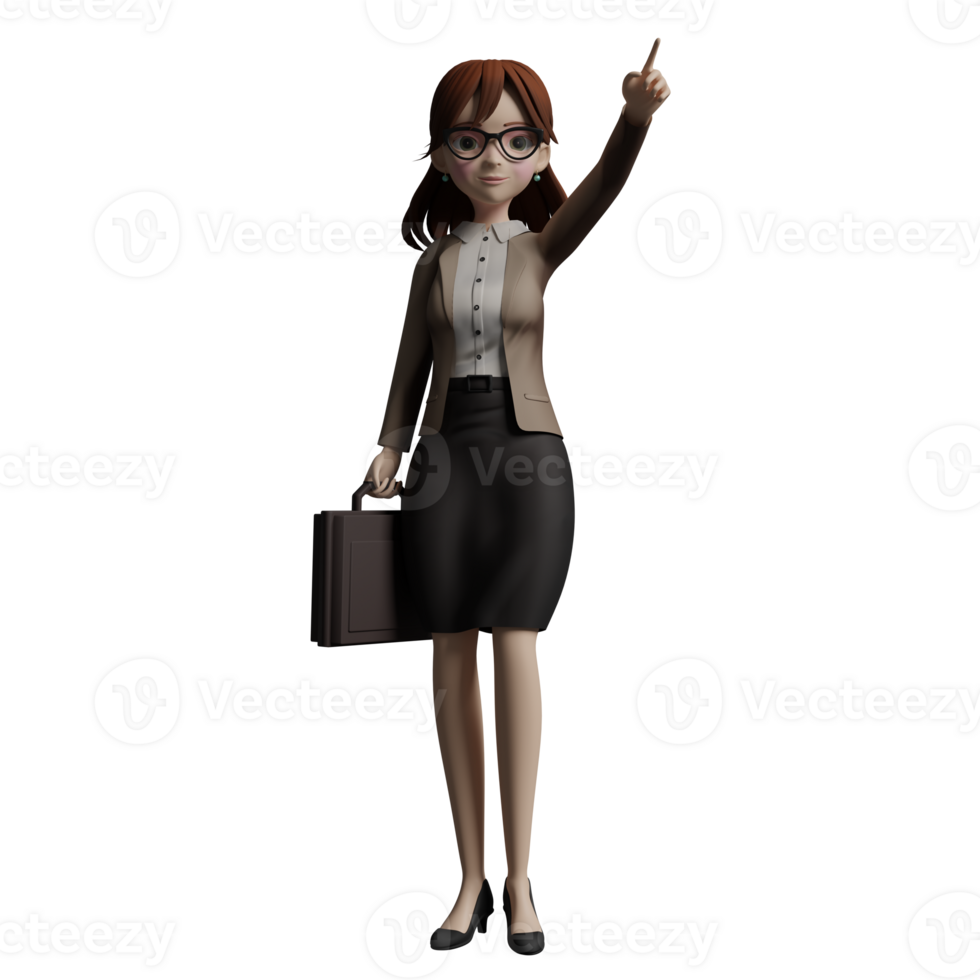 Professional Teacher Character in 3D. A female teacher stands with her right hand carrying a briefcase and her left hand pointing up. female png