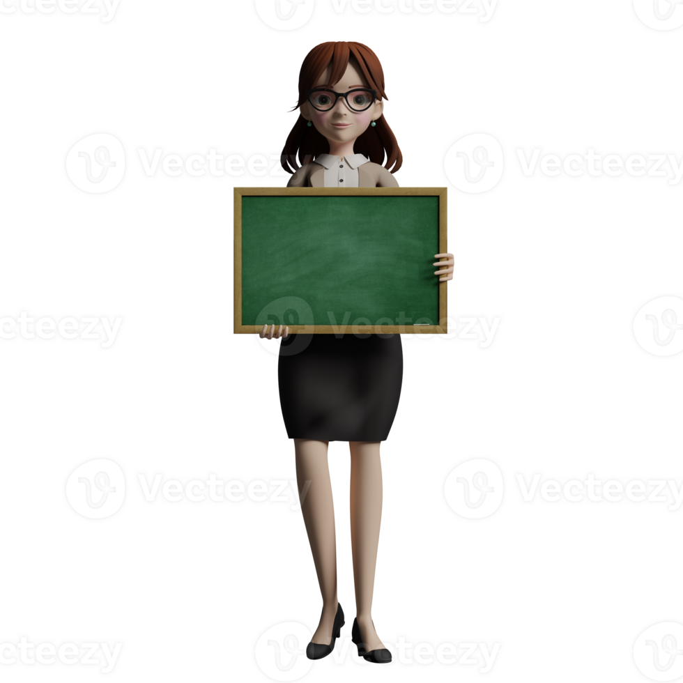 Illustrative 3D femaleTeacher. A female teacher stands carrying a small green blackboard. Professional png
