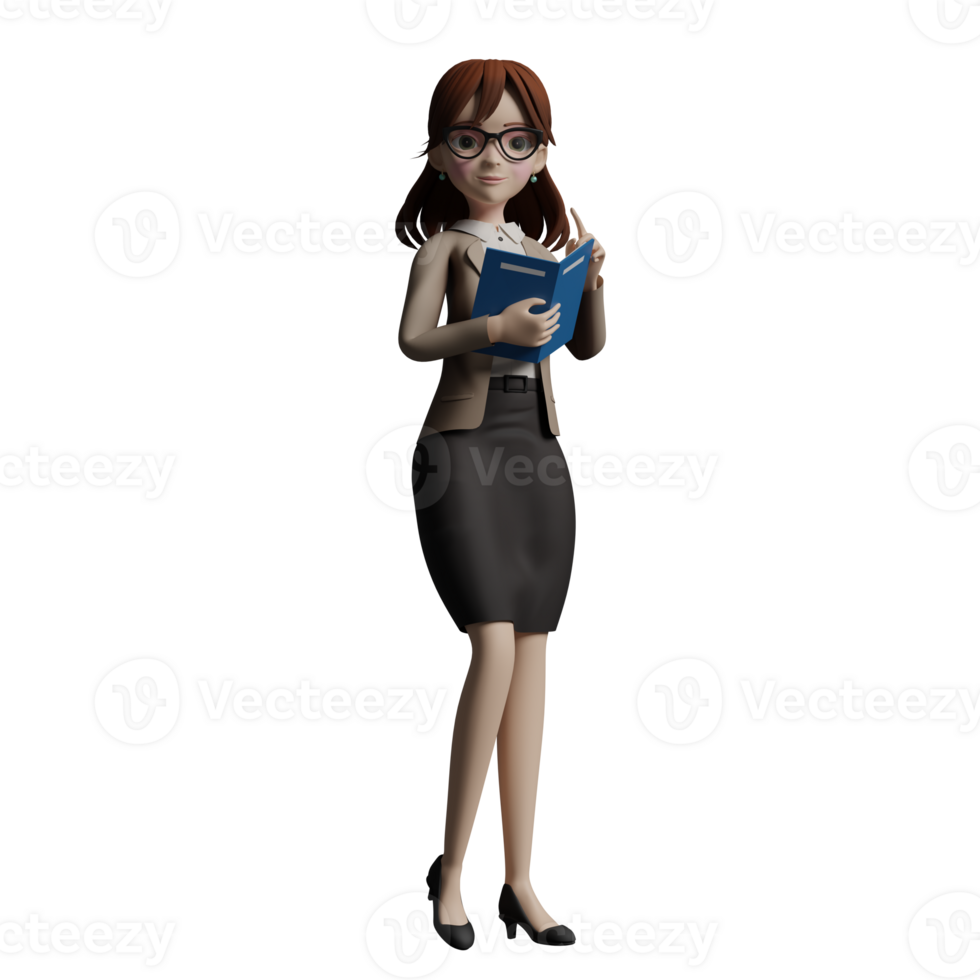 female Educational Professional in 3D. A female teacher stands with both hands carrying a book as if she is reading the book. Teacher Cartoon png