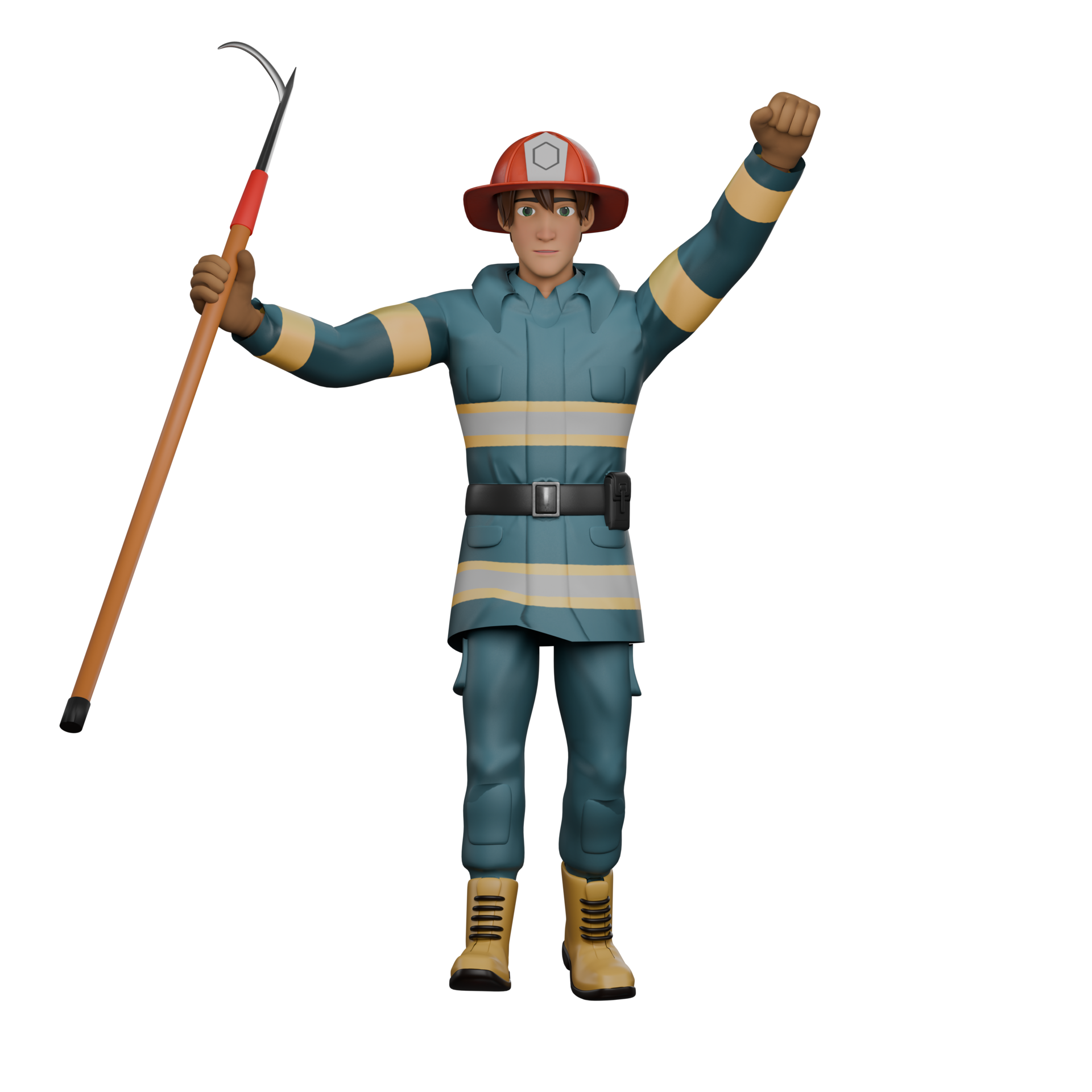 Cartoon Male Firefighter. A firefighter stands holding a bush hook or