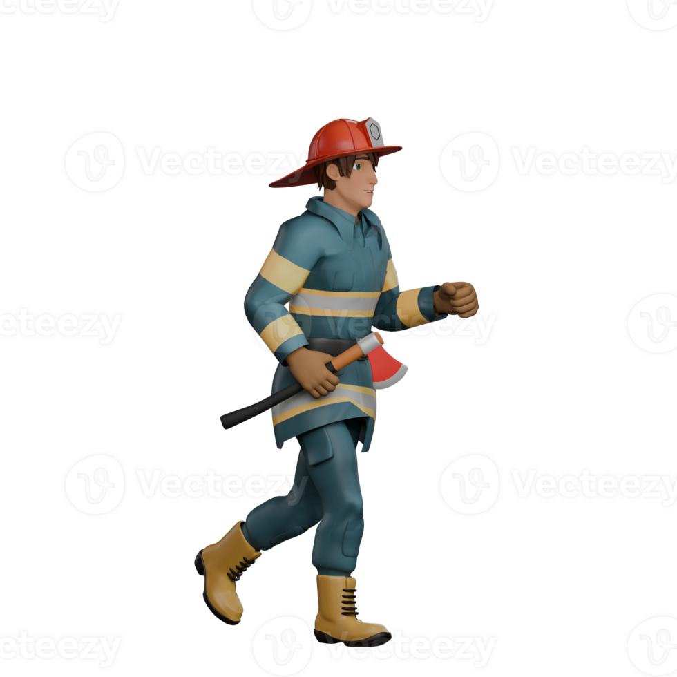 Male Firefighter with Hose. A firefighter walks holding a fire axe in his right hand. 3D png