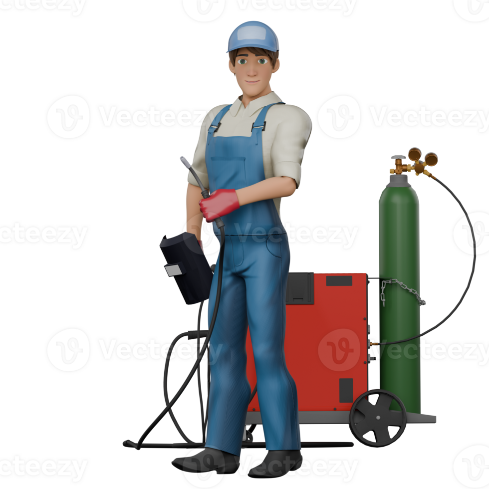 3D Technical Mechanic Male. A male mechanic stands next to welding equipment, his right hand carrying a welding mask while his left hand holds a welding tool. Professional png