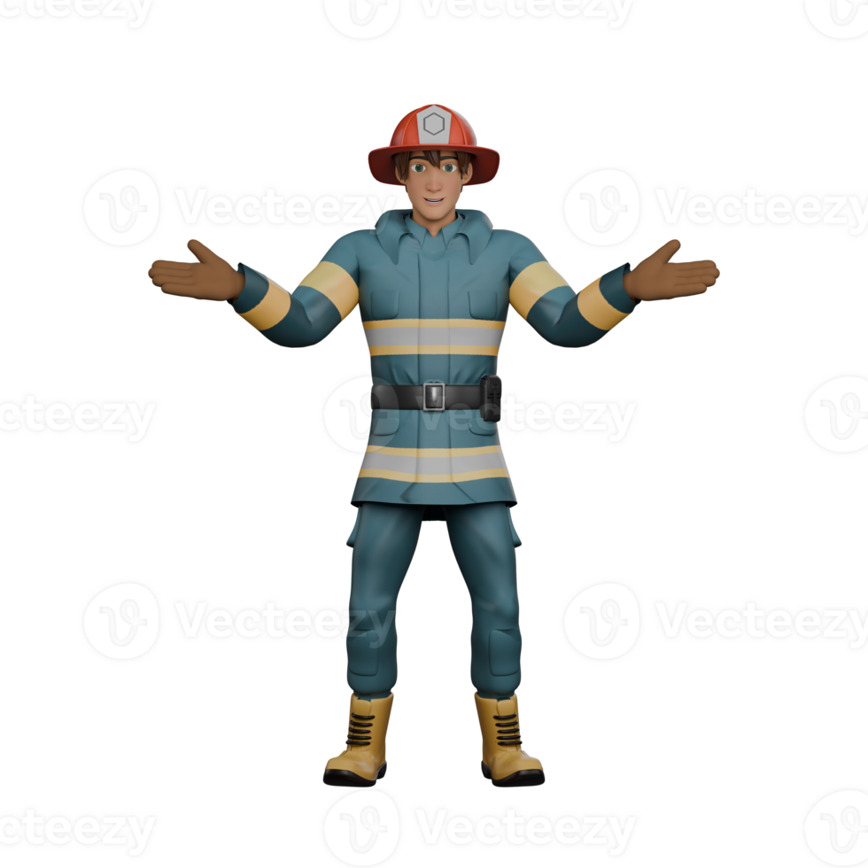Firefighting Expert 3D Model. A firefighter stands with his arms outstretched as if to greet or give an explanation. Fireman Cartoon png