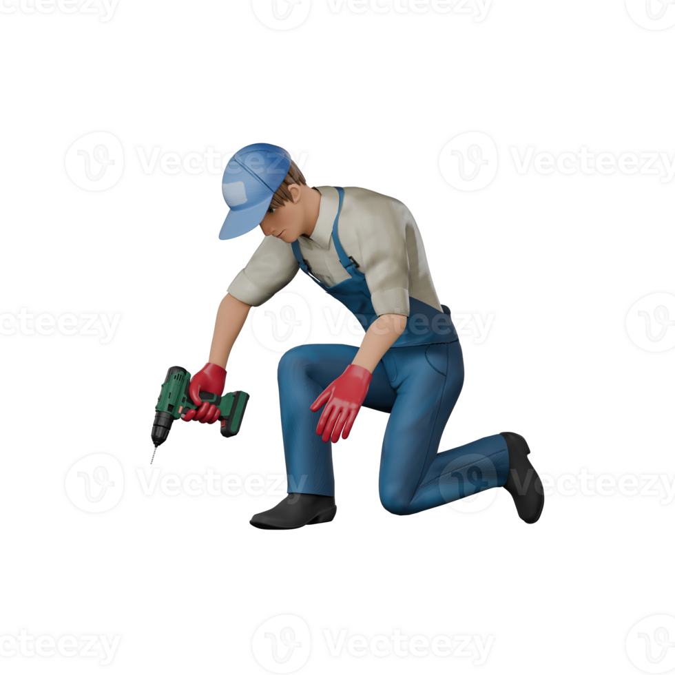 of 3D Male Mechanic. A male mechanic kneels holding a drill in his hand. Professional Cartoon png
