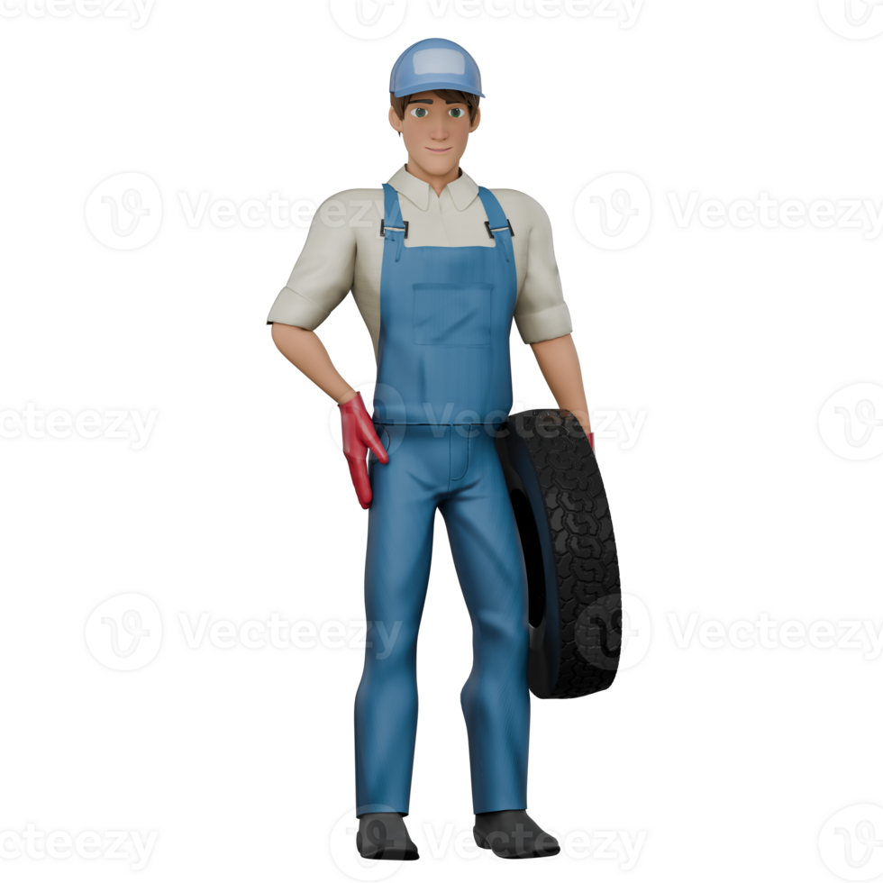 3D Cartoon Mechanic Character. A male mechanic is standing with his left hand holding the wheel while his right hand is on his waist. Auto Repair Model png