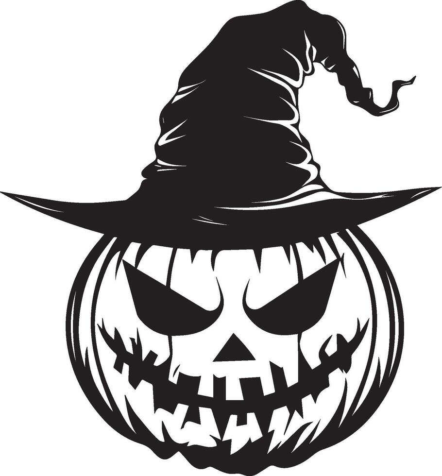 Scary Jack o lantern with witch hat clean simple black vector