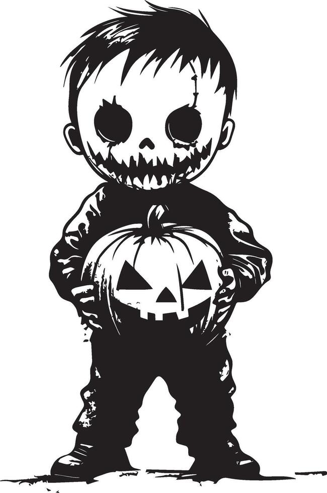 Little kid wearing Zombie costume holding jack o lantern silhouette black vector