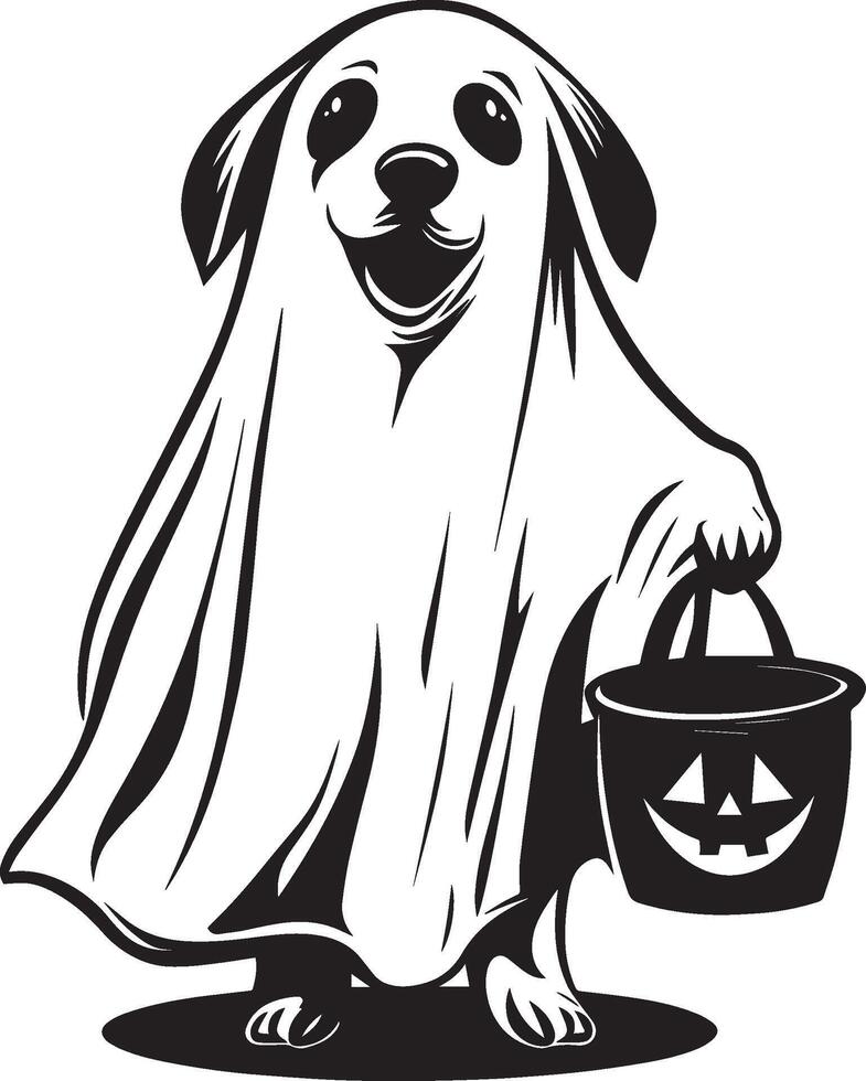 Cartoon Halloween Dog wearing ghost sheet holding jack o lantern bucket silhouette black vector