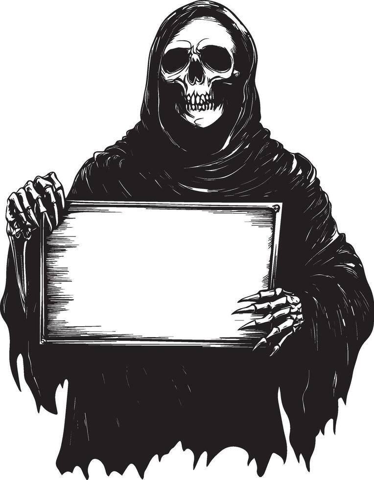 Grim Reaper holding sign board clean simple black vector