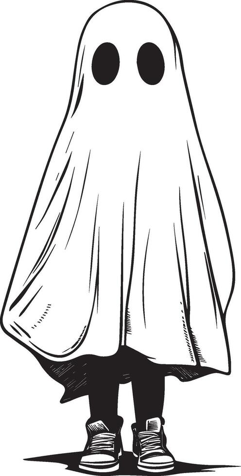 Little kid wearing Ghost sheet costume linear black vector