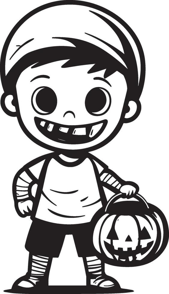 Little kid wearing Zombie costume holding jack o lantern linear black vector