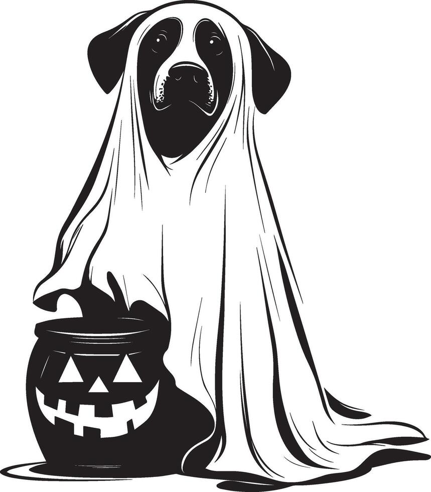 Cartoon Halloween Dog wearing ghost sheet holding jack o lantern bucket silhouette black vector