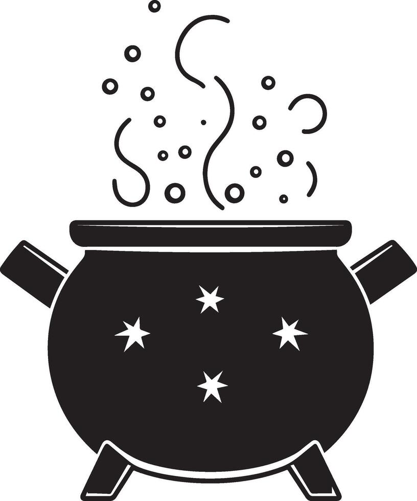 Cauldron with bubbles, halloween linear black vector