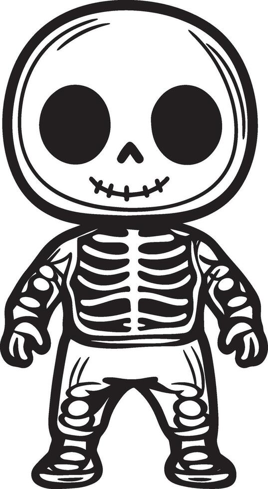 Little kid wearing Skeleton suit costume linear black vector