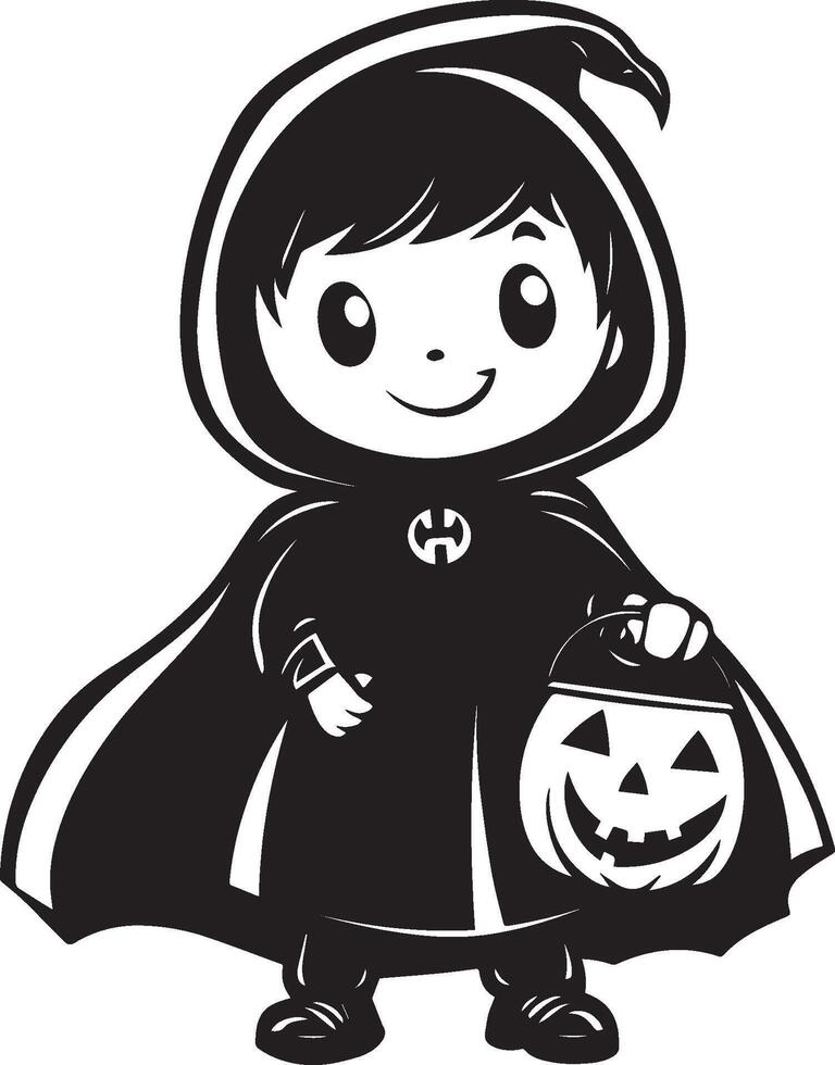 Little kid wearing Cloaks and cape costume holding jack o lantern bucket clean simple black vector