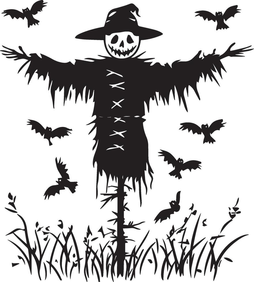 Scarecrow Halloween with crows linear black vector