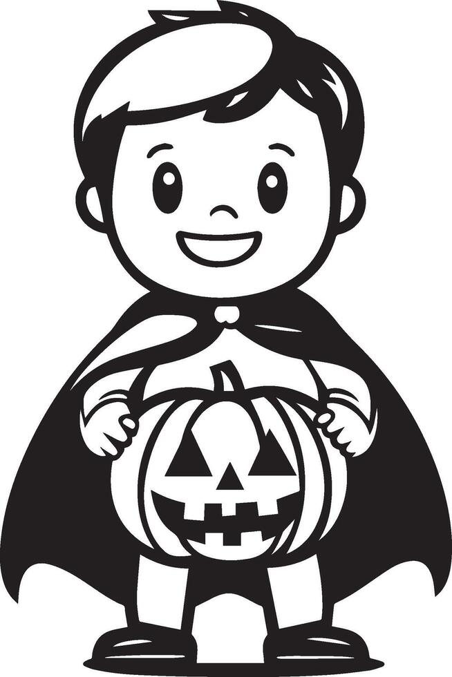 Little kid wearing Vampire costume holding jack o lantern linear black vector