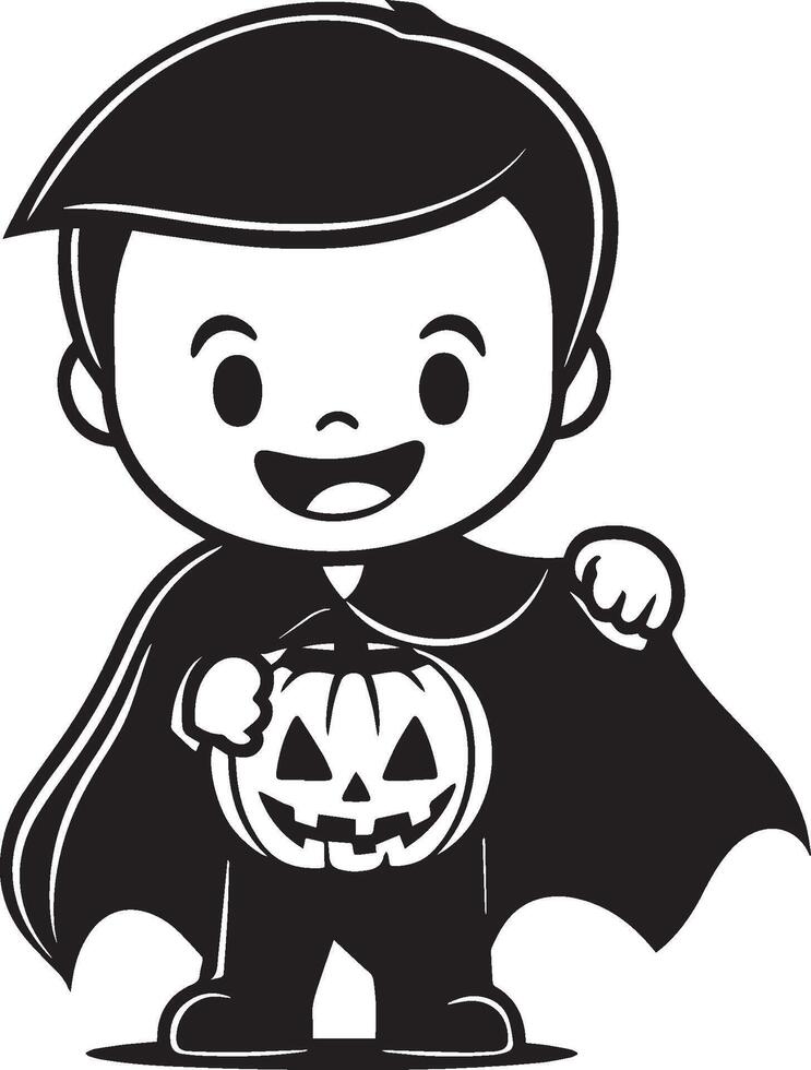Little kid wearing Vampire costume holding jack o lantern linear black vector