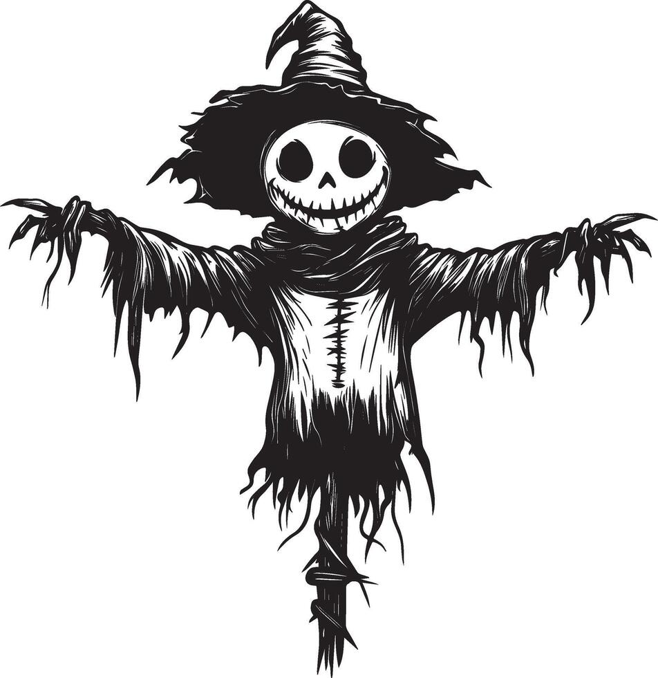Cartoon Halloween Scarecrow linear black vector