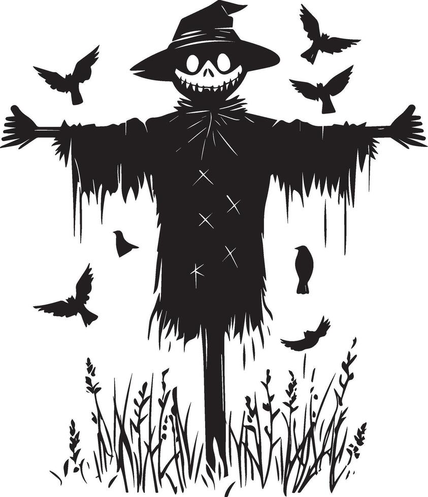 Scarecrow Halloween with crows clean simple black vector