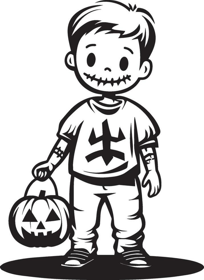 Little kid wearing Zombie costume holding jack o lantern linear black vector