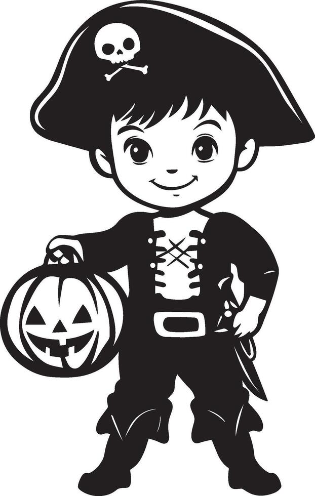 Little kid wearing Pirate costume holding jack o lantern clean simple black vector