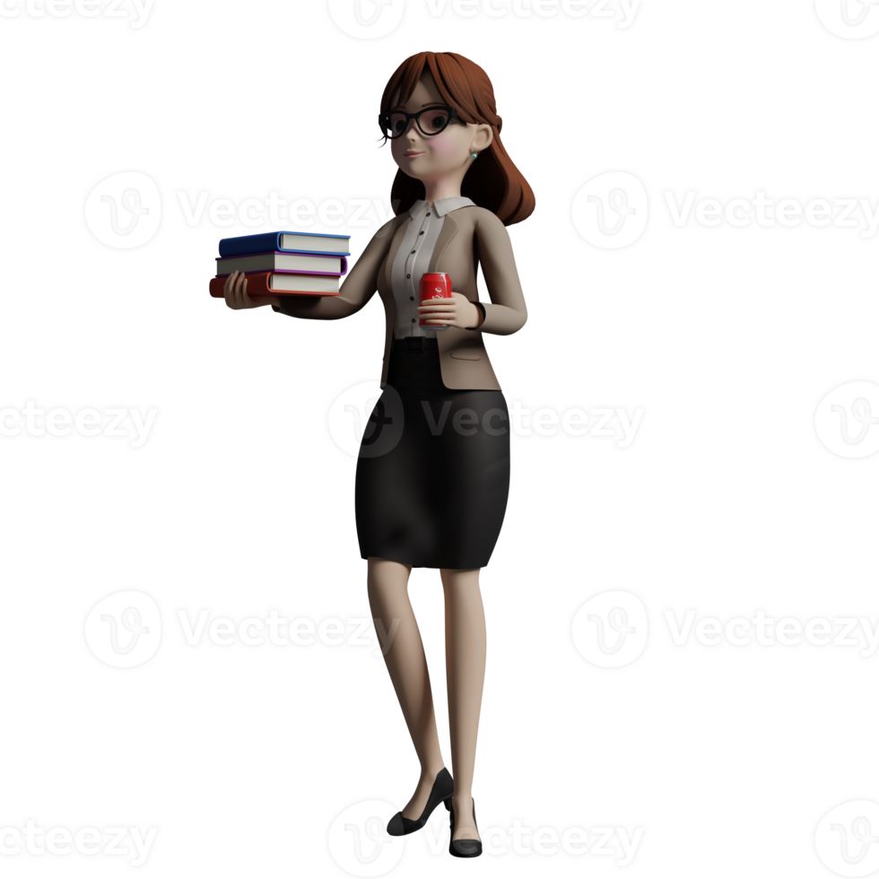 Educational female Teacher. A female teacher carries several books in her right hand while her left hand holds a canned drink. 3D Professional Character png