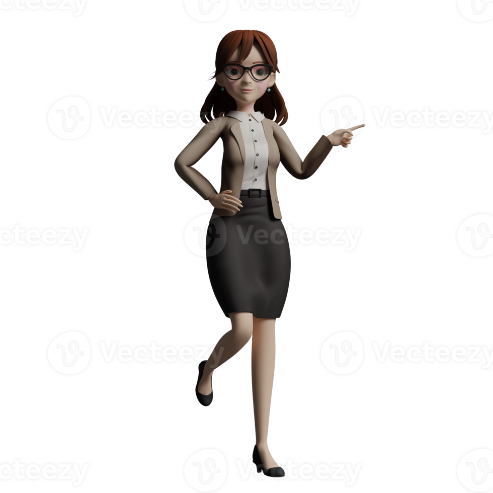 3D female Teacher in Professional Role. A female teacher stands with one leg raised while her right hand holds the hem of her blazer and her left hand is pointing forward. Educational Cartoon png