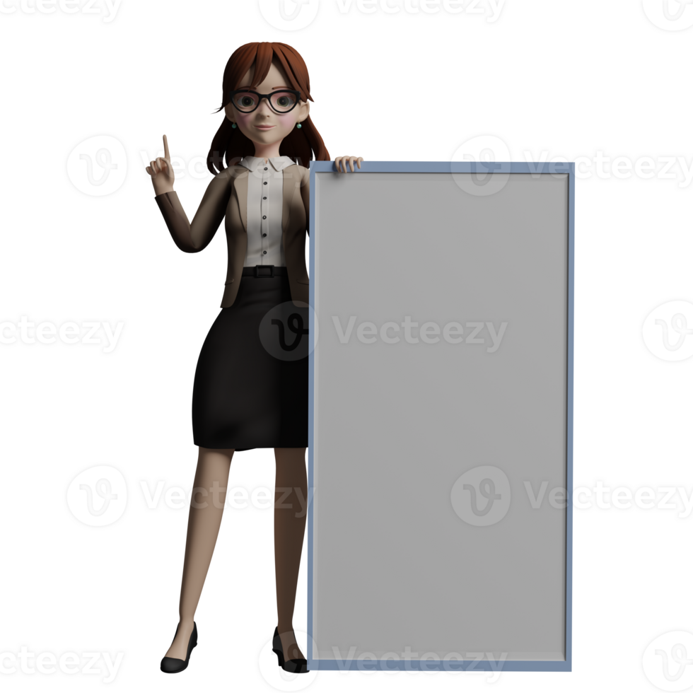 of female Educational Professional. A female teacher stands to the side, her left hand holding a board while her right hand points one finger up. 3D Teacher png