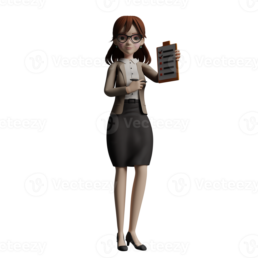 Educational Professional female. A female teacher stands holding a clipboard with a checklist paper in her left hand while her right hand holds a pen. 3D Teacher Cartoon png