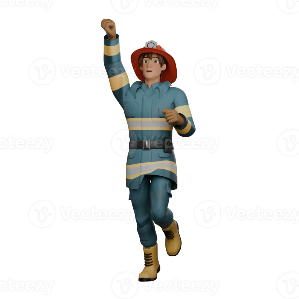 3D Firefighter Male in Professional Setting. A standing firefighter is posing like a superman who is ready to fly with his arms raised up. Firefighting png