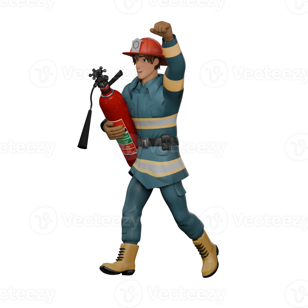 3D Model of Male Firefighter. A firefighter walks with a fire extinguisher in his hand while the other hand is raised upwards with a clenched palm. Professional Fireman png
