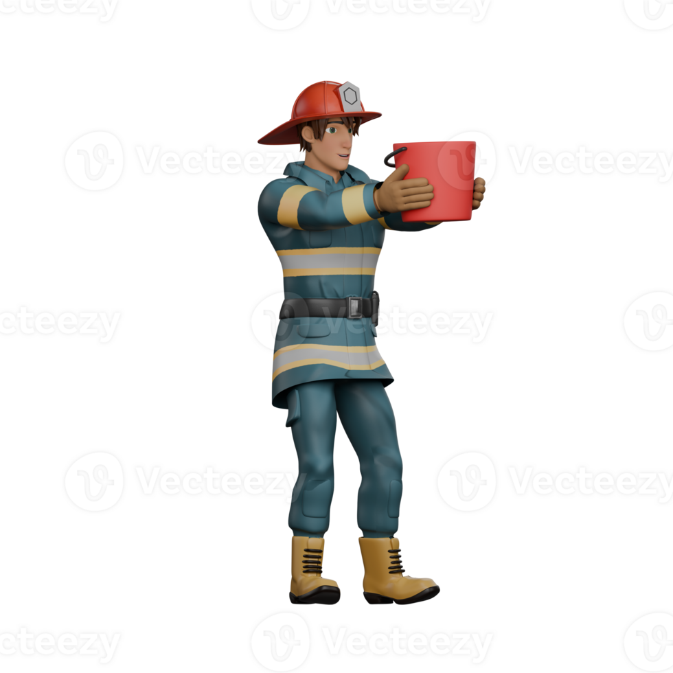 Firefighter 3D Male Firefighter. A firefighter stands facing right with both hands holding a red bucket. Professional png