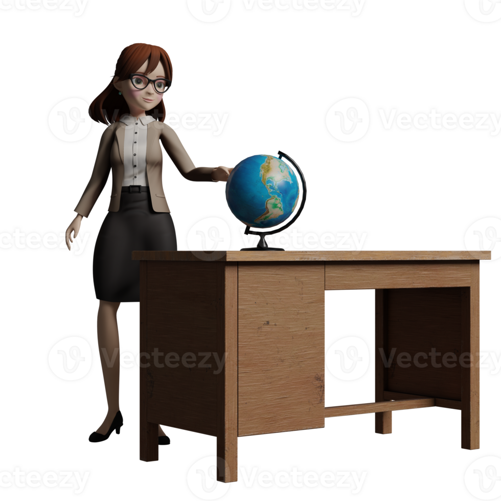 3D Educational Character. A female teacher stands behind the teacher's desk with her left hand holding a globe. female Teacher png