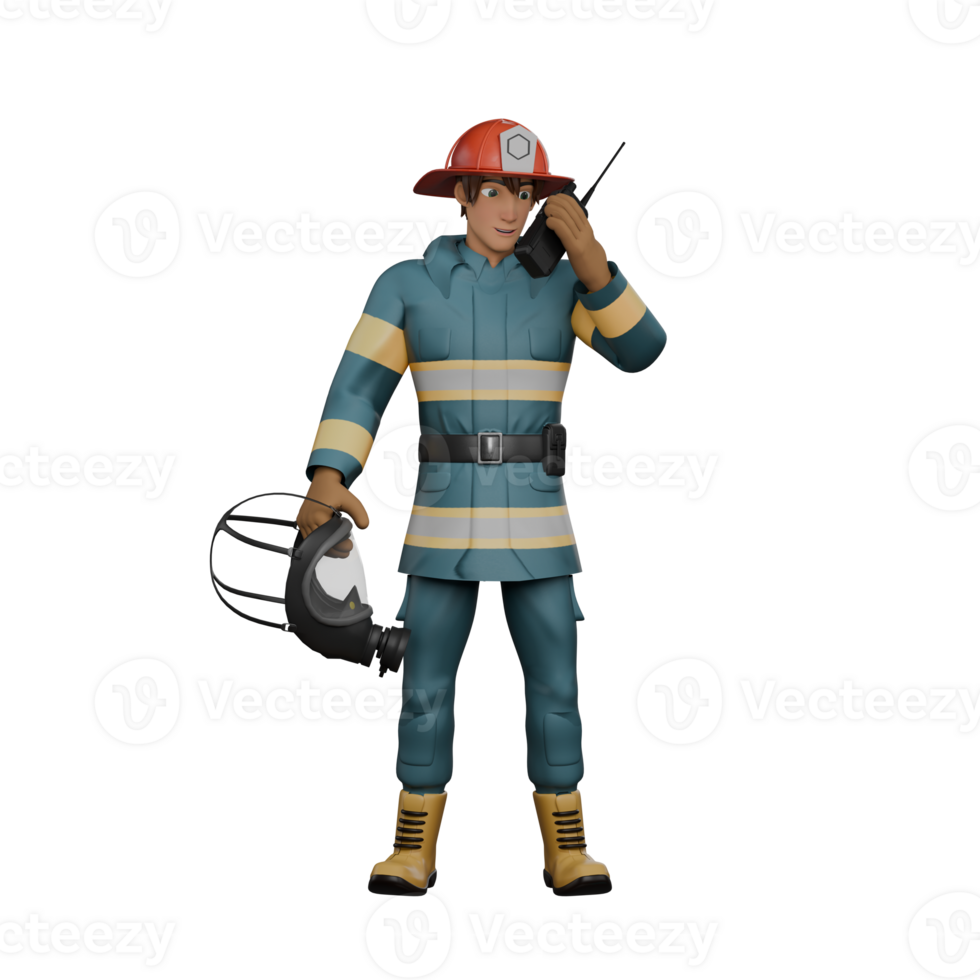 Professional 3D Male Firefighter. A firefighter stands while communicating via a walkie talkie in his hand and his other hand holds a protective mask. Firefighting Character png