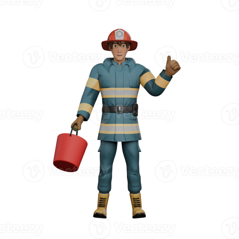 Male Firefighter in Firefighting 3D. A firefighter is standing with a red bucket in his hand while his other hand is pointing his thumb up. Professional Character png